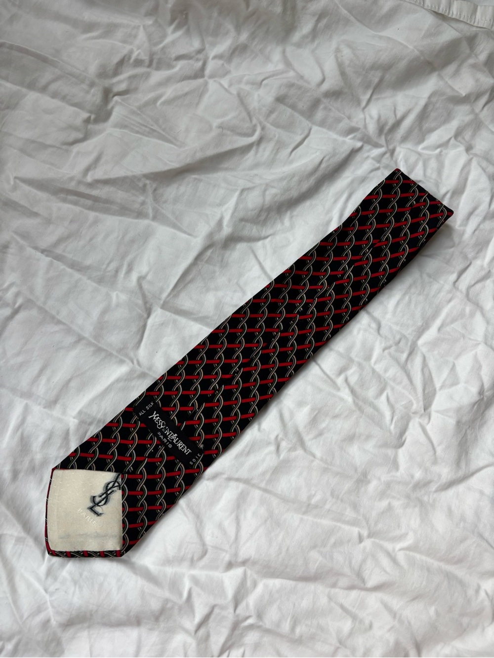 Yves Saint Laurent Black Tie with Red and Silver Chain Pattern